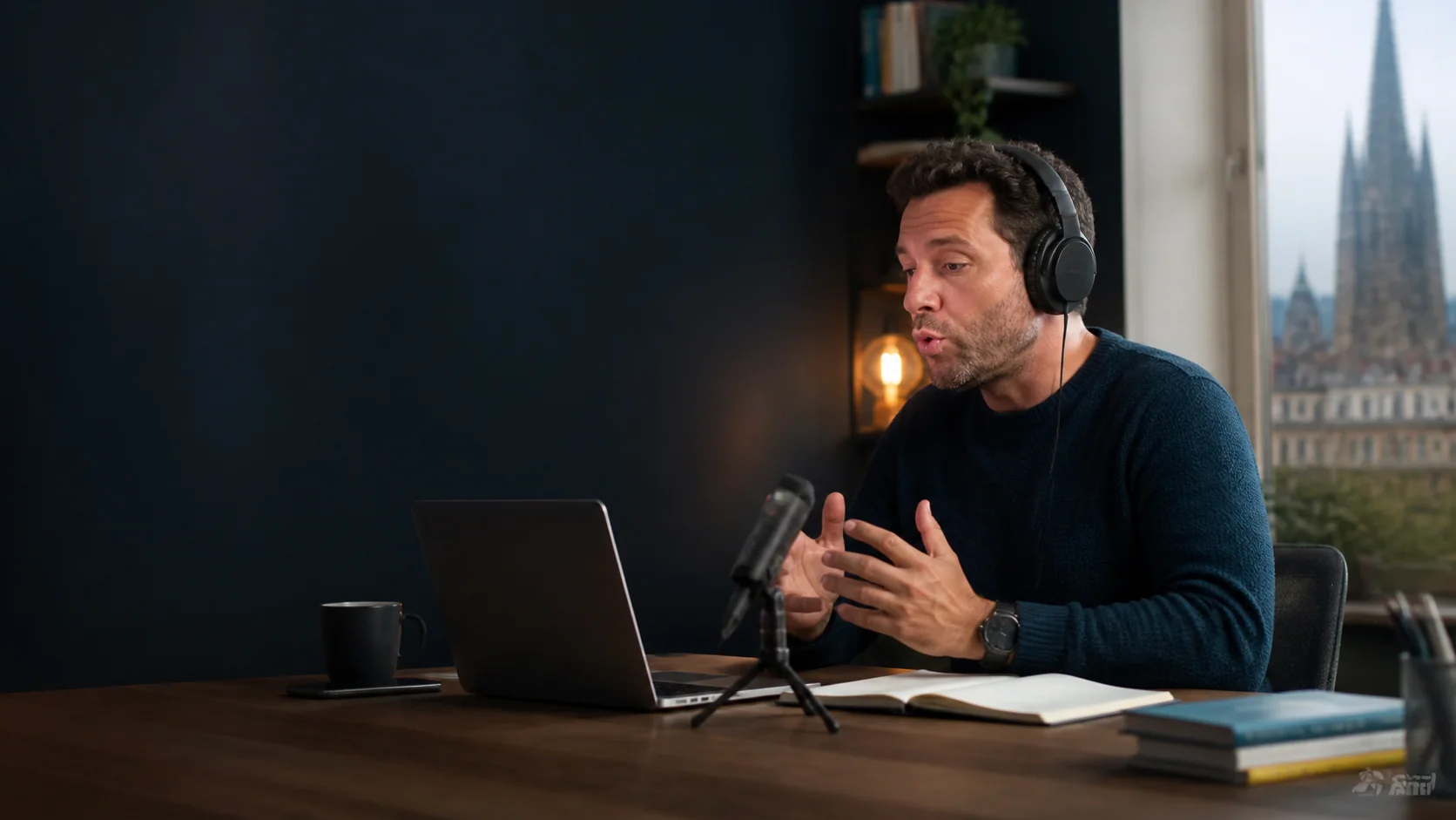 Alumno practicando pronunciación alemana con auriculares y micrófono