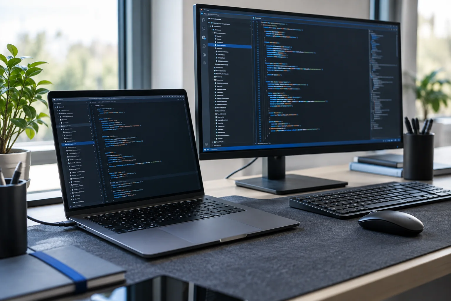 Pantallas de programación en un equipo de desarrollo; imagen ilustrativa de creación web con código