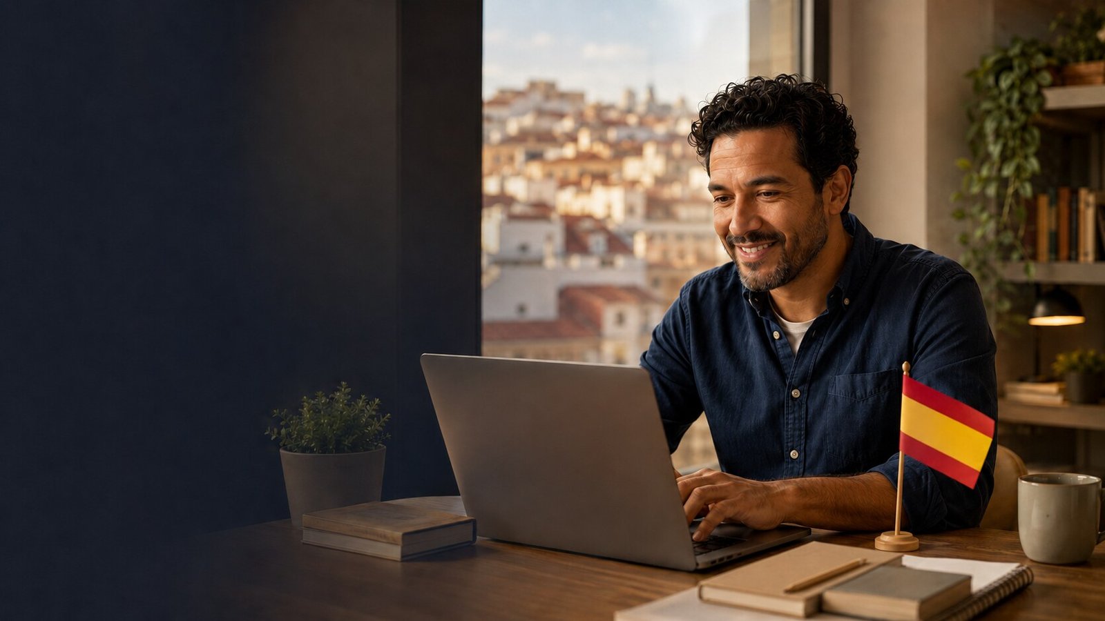 Alumno adulto estudiando para el examen CCSE en un espacio moderno con una vista luminosa de Madrid