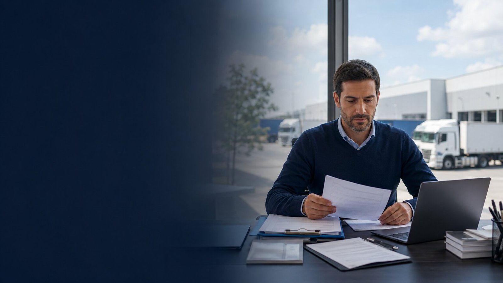 Candidato revisando documentos de inscripción junto a una terminal logística
