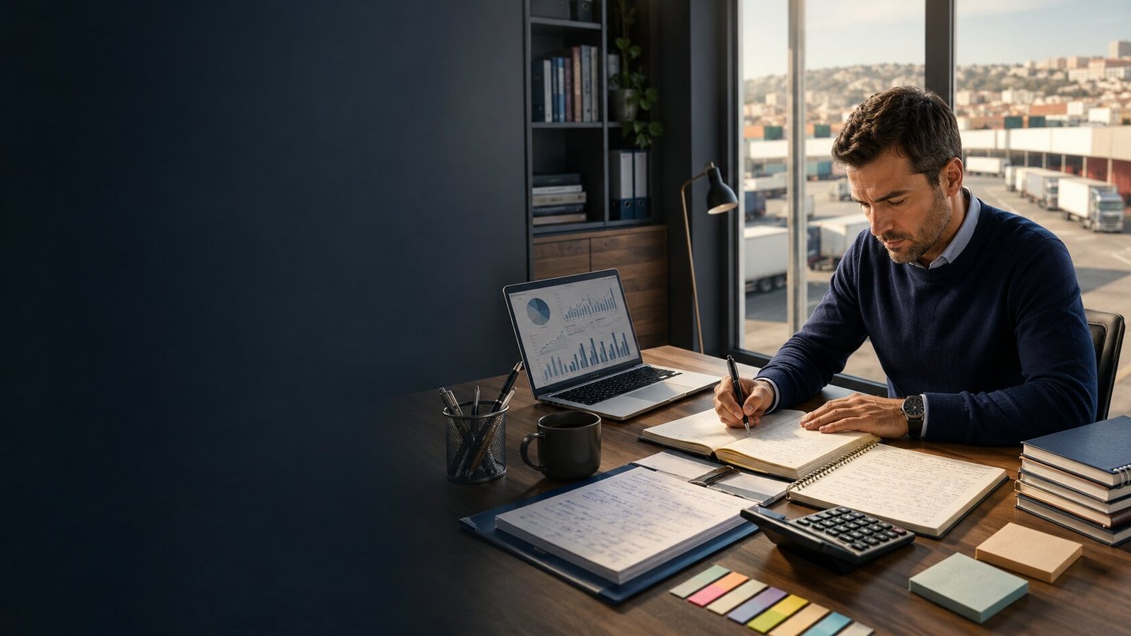 Profesional estudiando gestión, normativa y finanzas frente a una plataforma logística