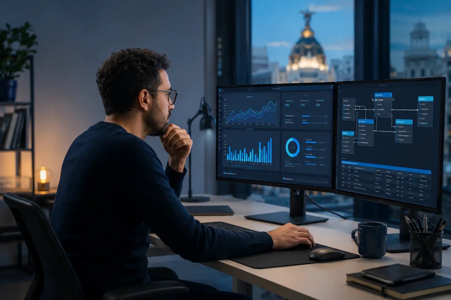 Analista profesional comparando dashboards y un esquema estrella en dos monitores