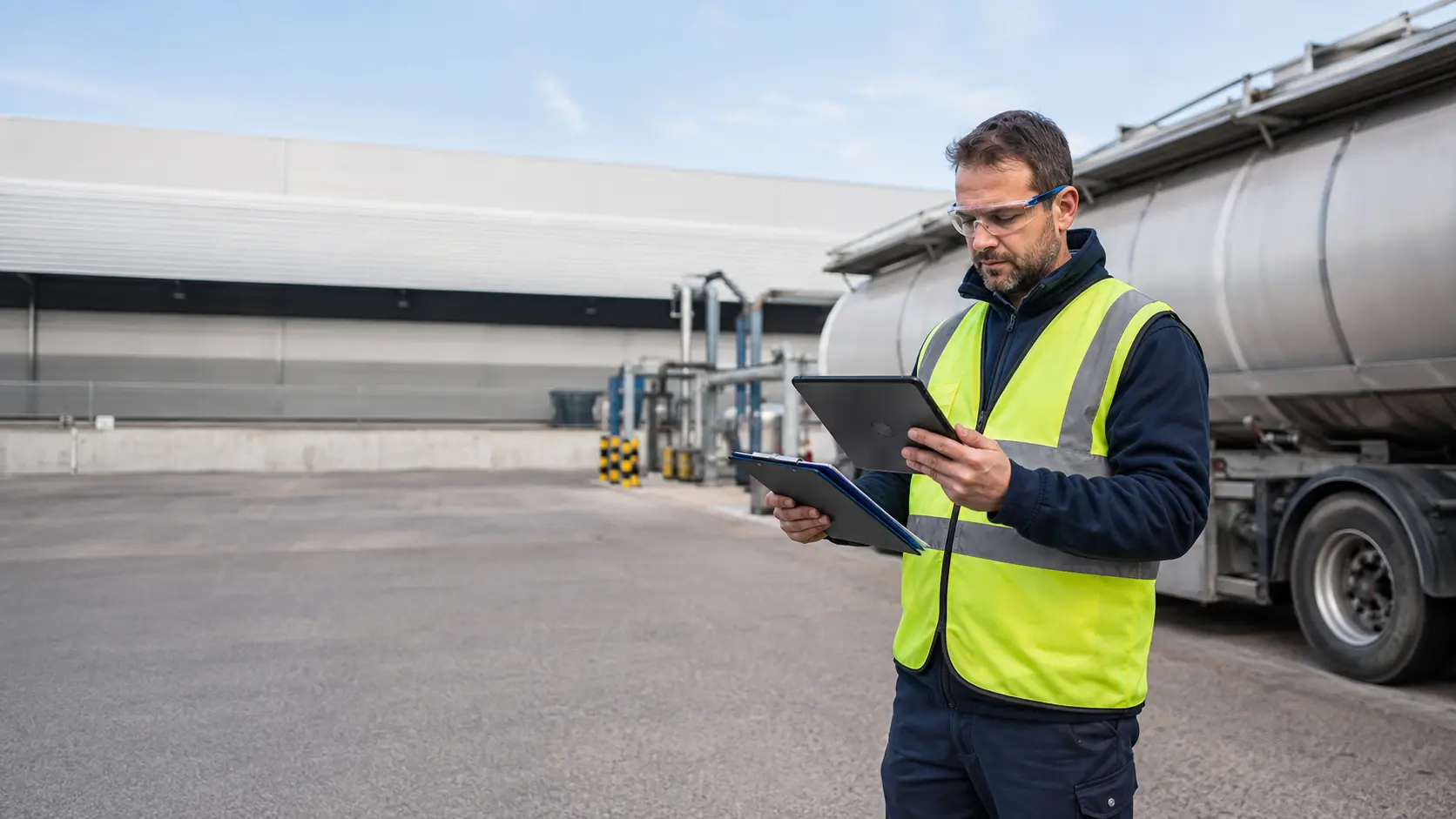 Profesional revisando documentación de transporte de mercancías peligrosas ADR