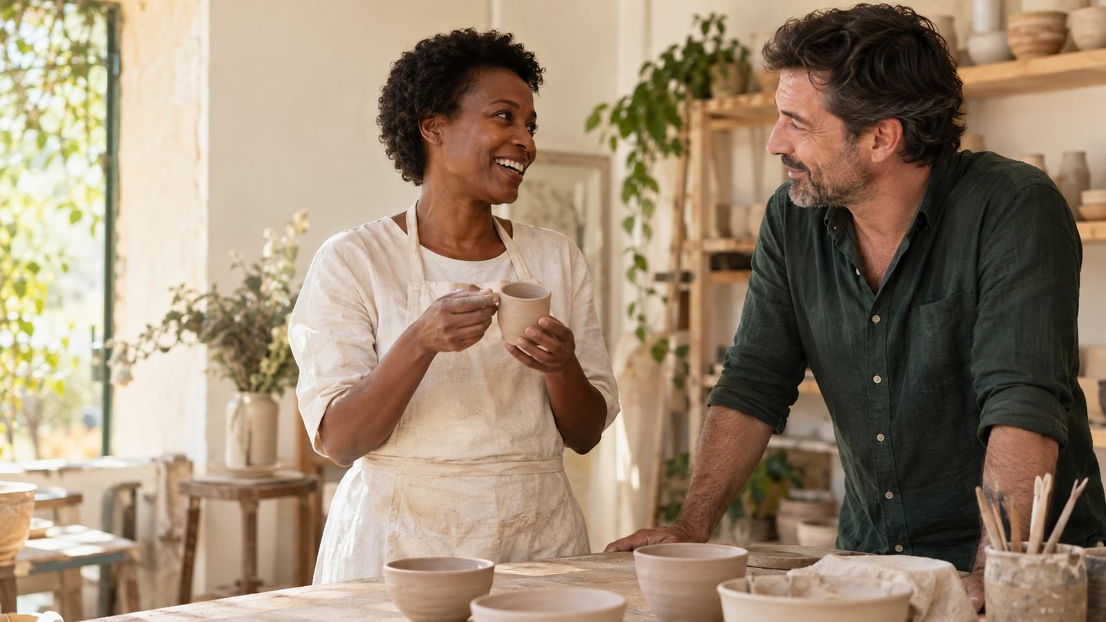 Zwei Erwachsene tauschen sich in einem Keramikatelier auf Spanisch aus.