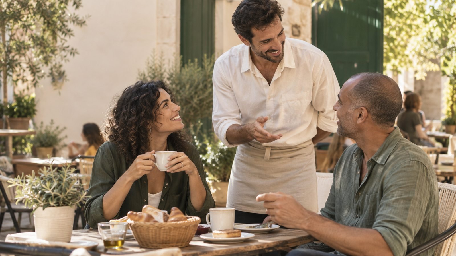 Zwei Reisende sprechen mit einem Kellner auf einer Caféterrasse in Spanien.