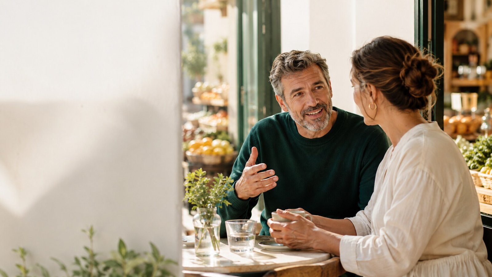An adult Spanish learner speaking confidently with a local person in a sunlit neighbourhood café in Spain