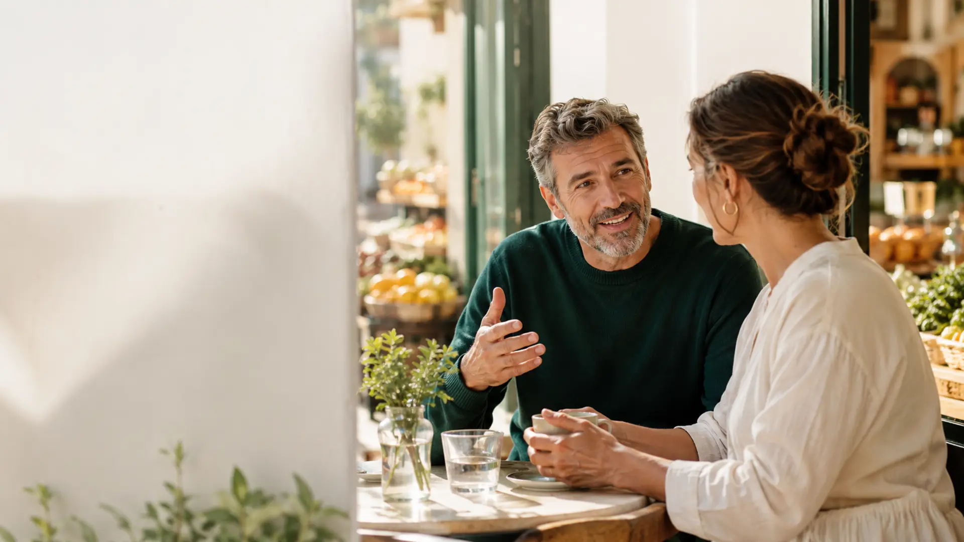 An adult Spanish learner having a conversation in a sunlit neighbourhood café in Spain