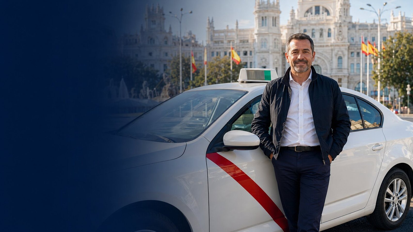 Conductor profesional junto a un taxi blanco de Madrid con franja roja y el Palacio de Cibeles al fondo